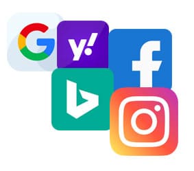 Google, Yahoo, Bing, Facebook, and Instagram icons.