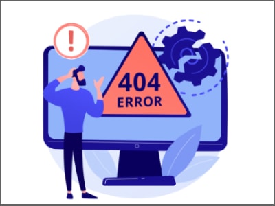 A decorative image with a 404 error and a broken gear. A cartoon character is looking at the screen in confusion.