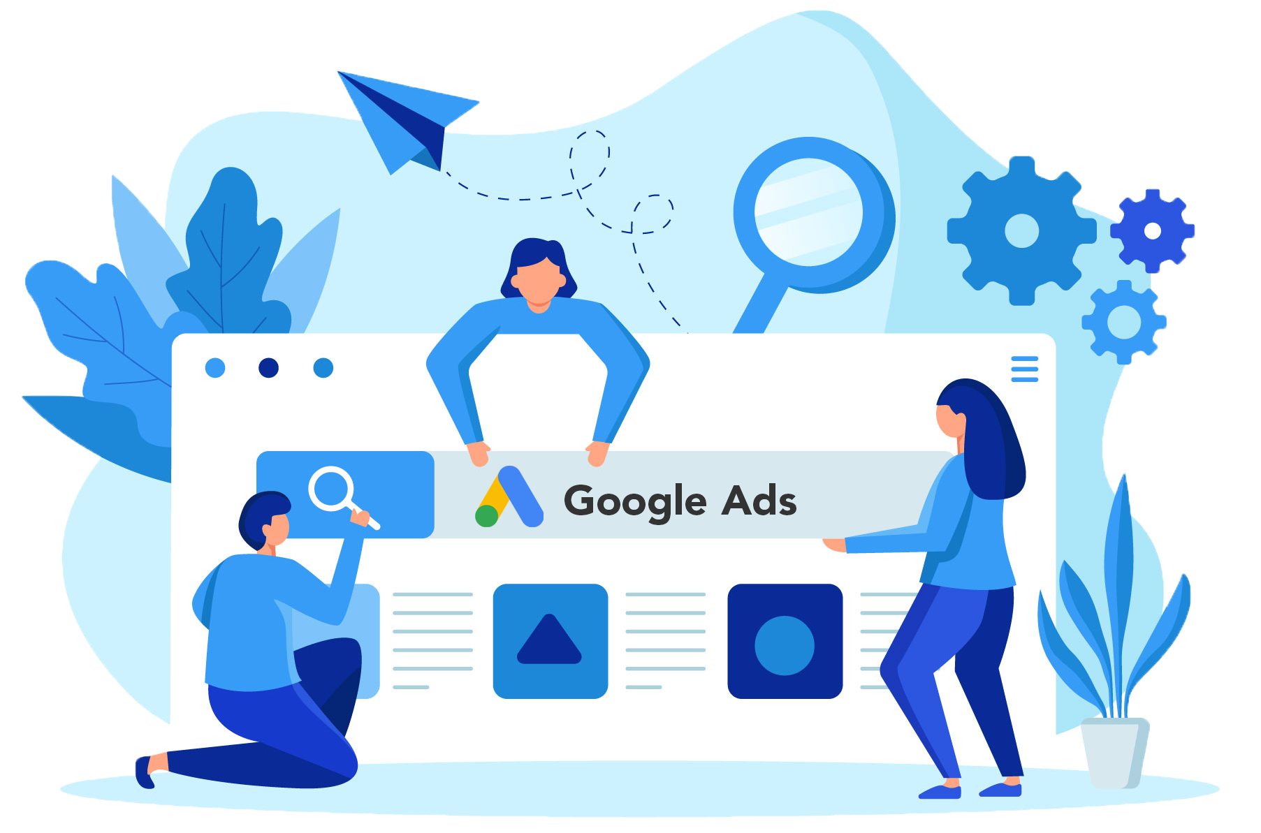 A graphic showing people working on a Google Ads campaign.