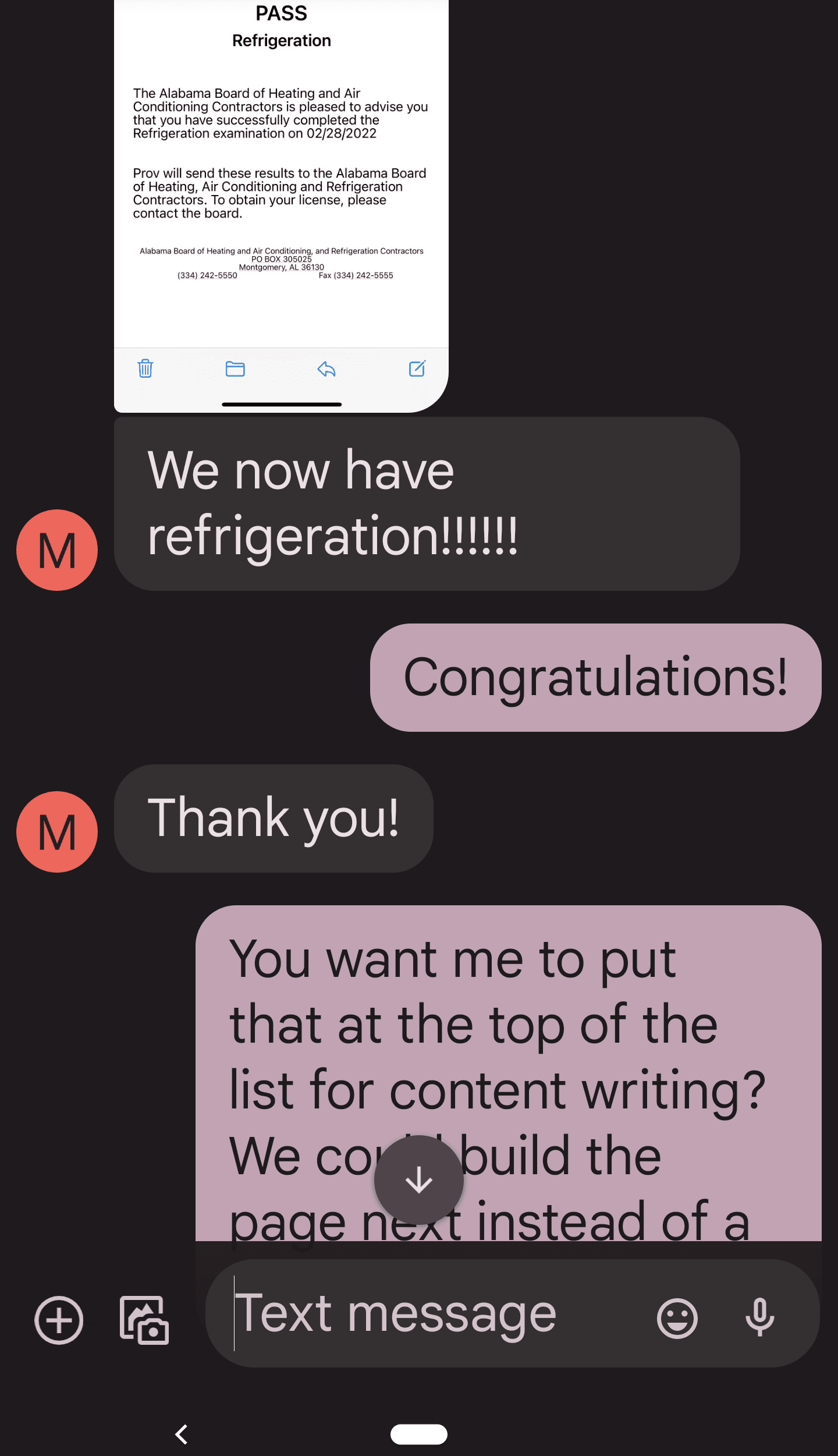 Client communicating a new certification to us.