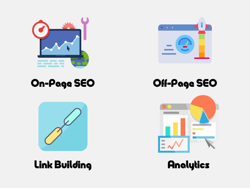 On page, off page, link building and Analytics.