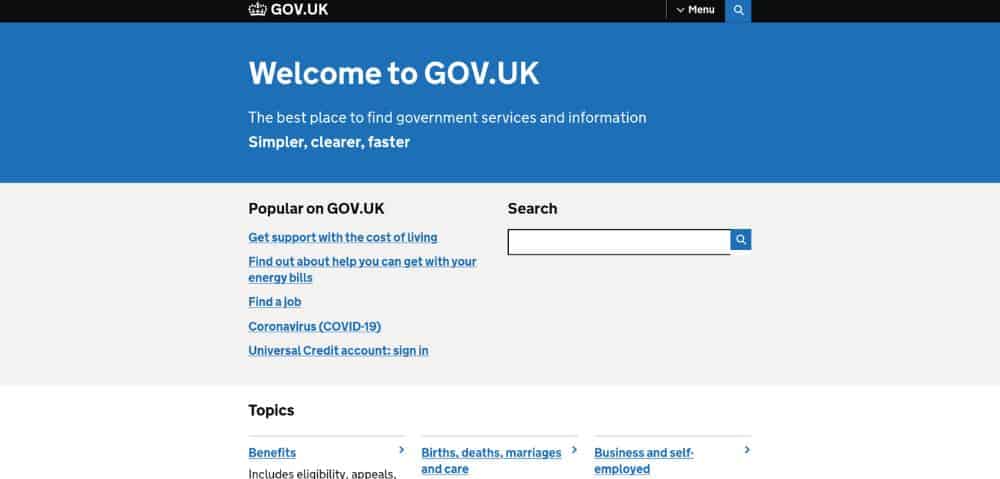 The simple yet accessible design of the Gov.Uk site is shown in this screenshot.